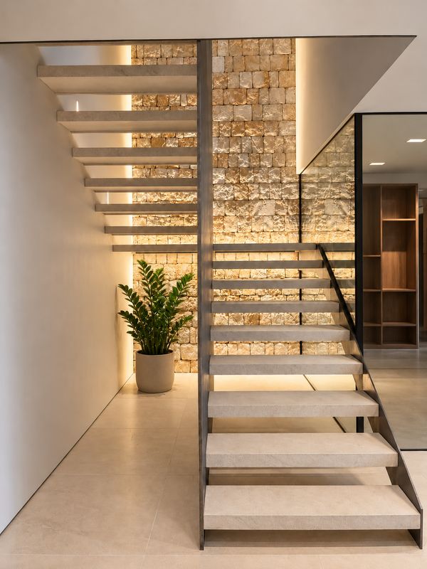 Cantilevered staircase with stone wall